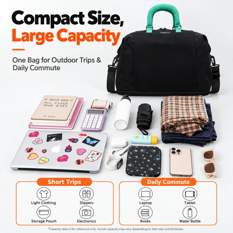 Black expandable travel duffel bag with green handle, shown with packing items