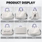 White expandable travel duffel bag with lavender handles shown from multiple angles