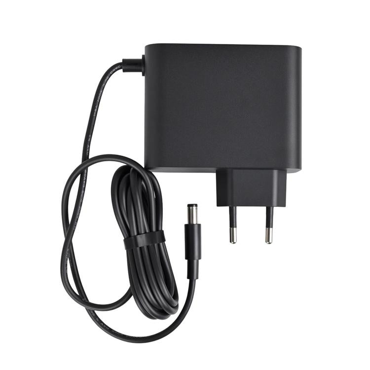 Black power adapter charger with EU two-pin plug and coiled cable