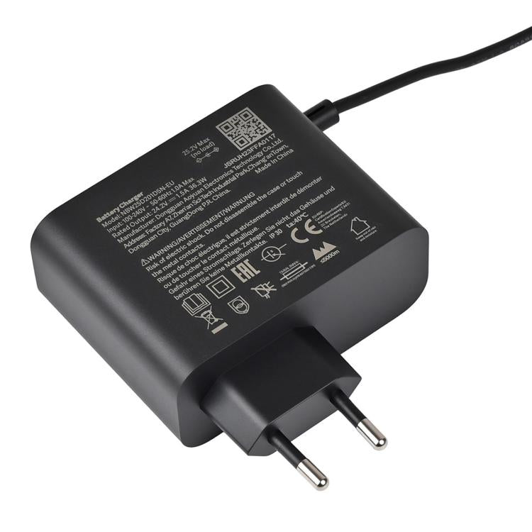 Black charger adapter with label side showing EU plug ends and cord