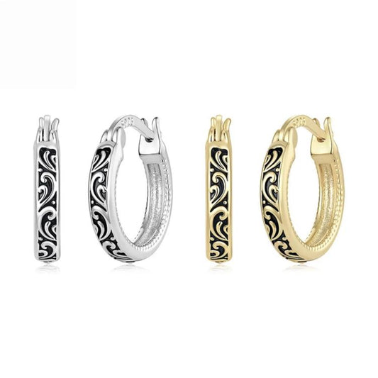 Set of silver- and gold-tone hoop earrings with vintage scroll pattern
