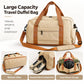 Beige travel duffel bag with brown trim, bottom view, and separate shoe compartment