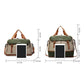 Green and tan travel duffel bag with size diagram and front view