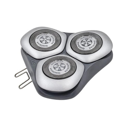 Three-head replacement rotary shaver head, silver metal and dark gray housing