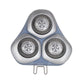 Three circular rotary shaver foils on a gray-blue replacement head with mounting clips