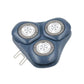 Three-head rotary shaver replacement head with silver foils on blue housing, angled view
