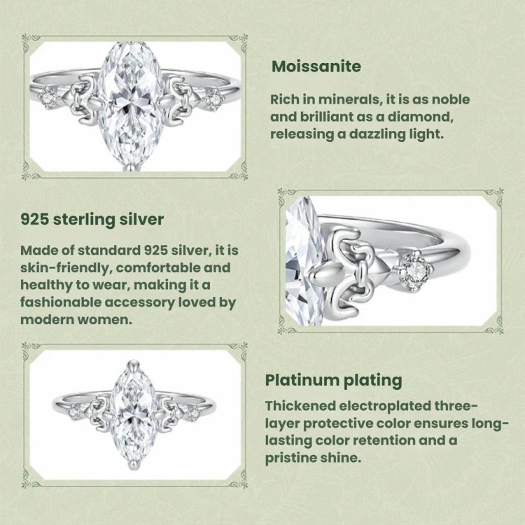 Sterling silver teardrop moissanite ring product info cards with close-up views