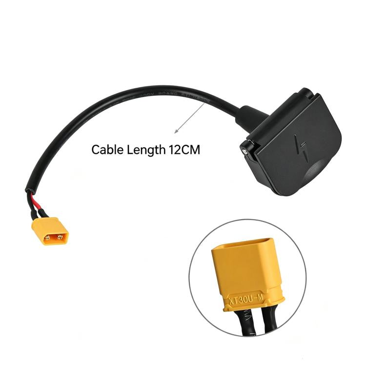 Charging port kit with black cover, yellow plug, and 12 cm cable length