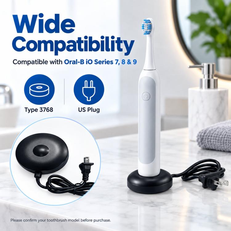 Magnetic charger base with black round stand, attached cable, and US 2-prong plug