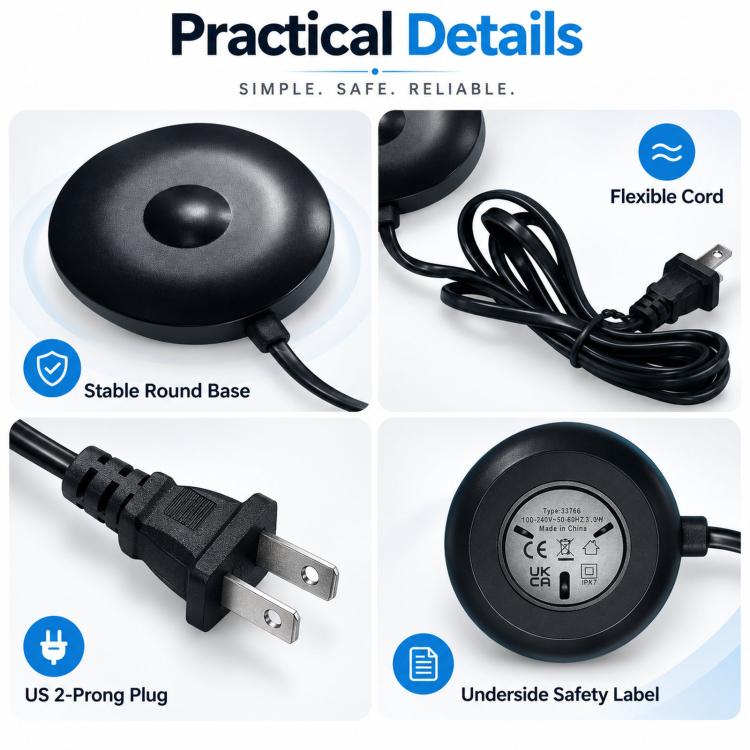 Magnetic charger base with stable round base, flexible power cord, and US 2-prong plug