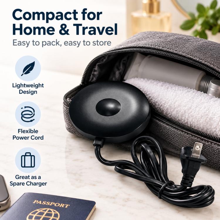 Compact magnetic charger base with black round stand, US plug, and coiled charging cable