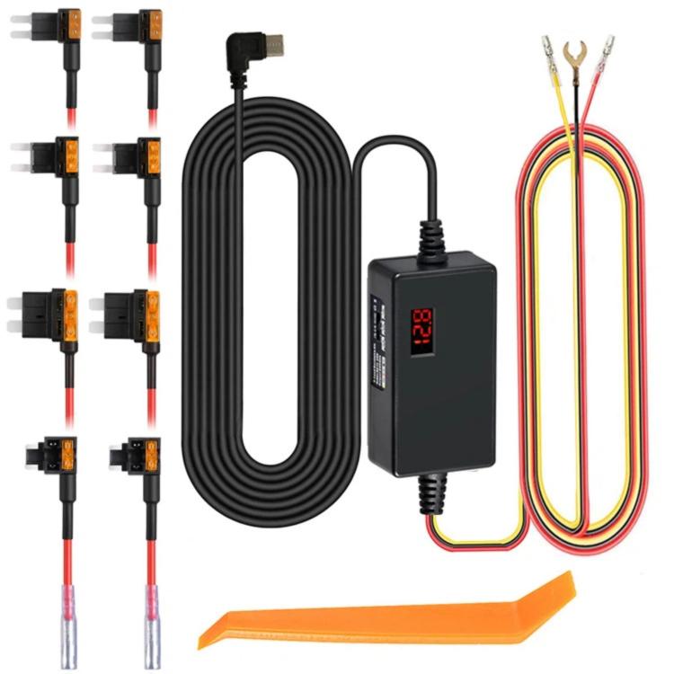 Car USB-C hardwire kit with digital display module, coiled wire harness, and fuse tap leads