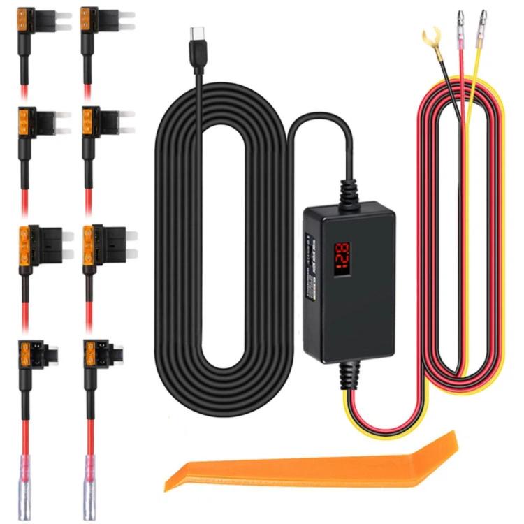 Car USB-C hardwire kit with digital display power module, wiring harness, and fuse adapter