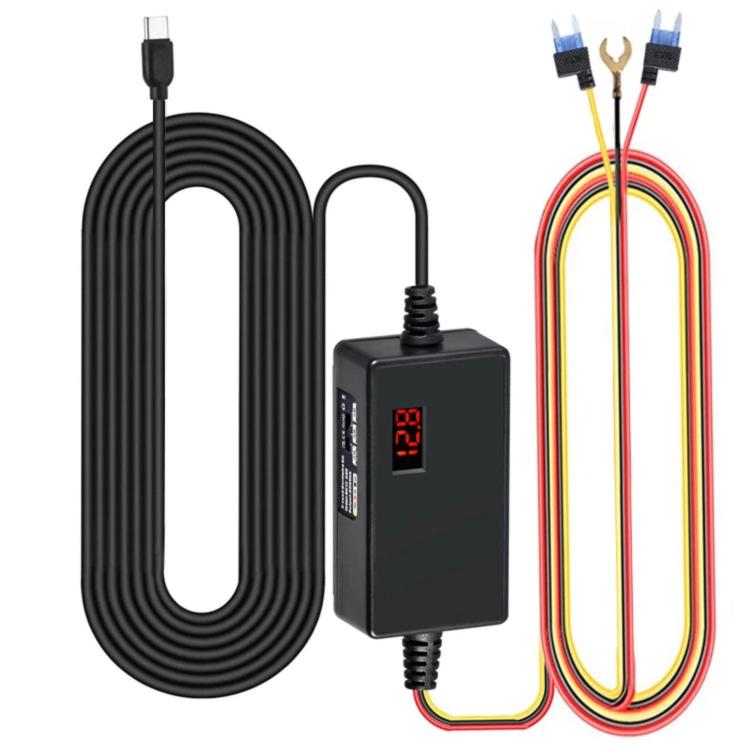 Car USB-C hardwire power module with digital display and multi-color 3-wire cable set