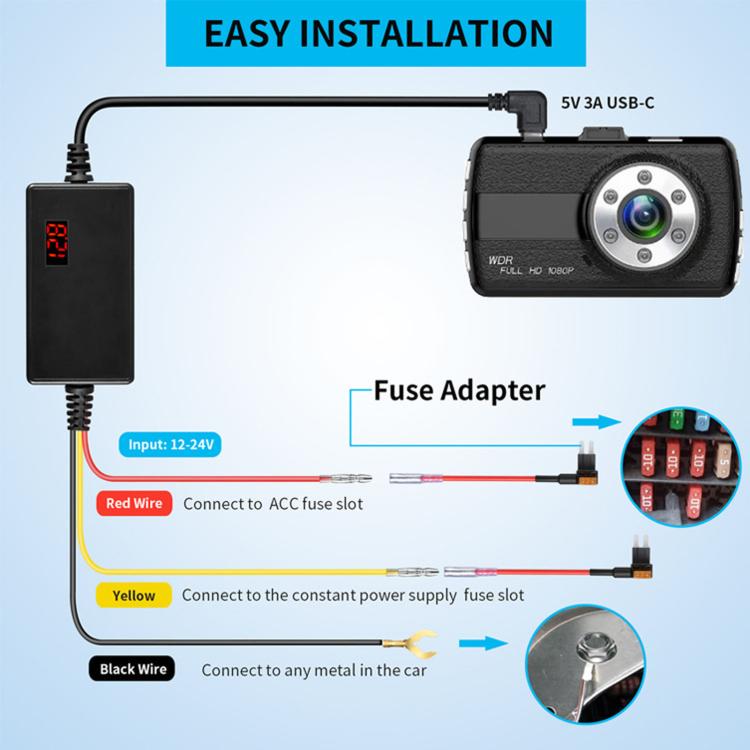 Car USB-C hardwire kit with digital display module, fuse adapter, and USB-C output lead