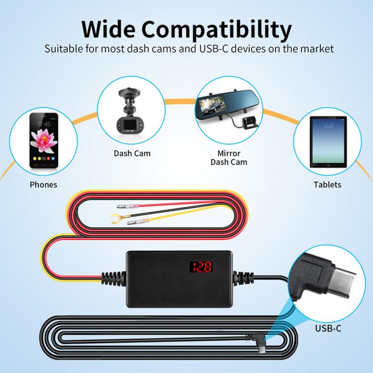 Car USB-C hardwire kit with digital display controller and USB-C connector on wire harness