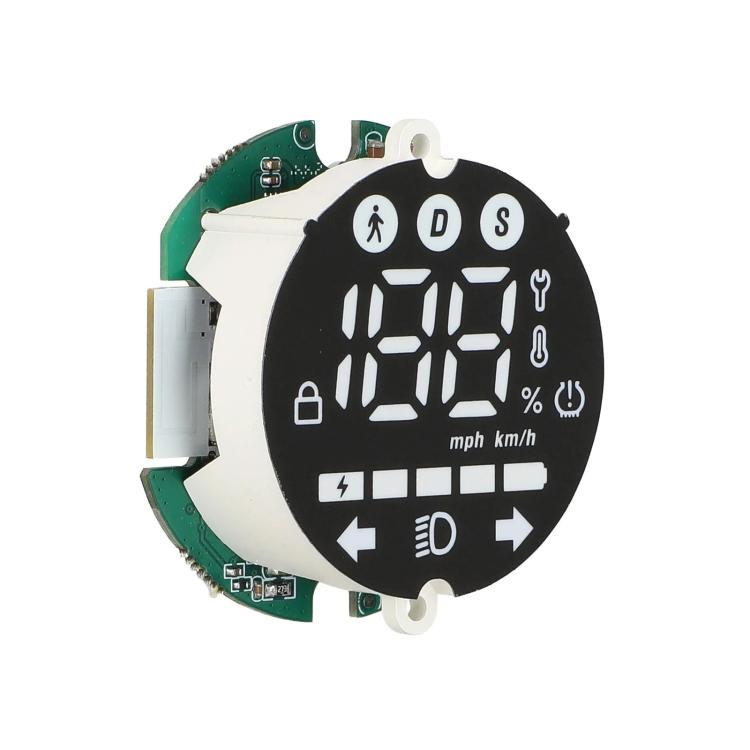 Electric scooter dashboard circuit board with digital speed display and white mounting frame