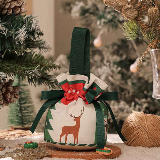 Christmas Gift Bag Drawstring Burlap Round Bottom Candy Pouch with Handle Festive Holiday Favors Pack, Green Reindeer, Green Plaid Santa, Green Snowman, Green Xmas Gift, Red Xmas Tree, Red Plaid Santa, Red Snowman