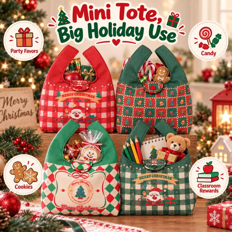 Christmas Canvas Mini Tote Bag Small Holiday Treat Bag with Snap Button