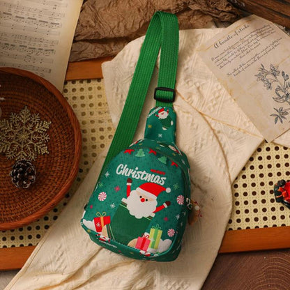 Green kids Christmas sling bag mini crossbody with Santa and gift print, adjustable strap