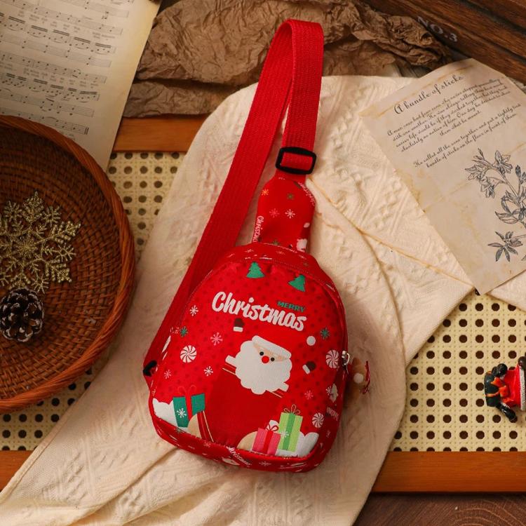 Red kids Christmas sling bag mini crossbody with Santa and gift print, adjustable strap