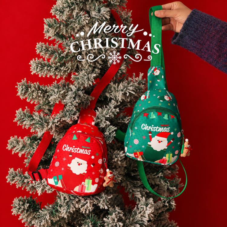 Kids Christmas mini sling bags on tree: green and red crossbody with Santa print