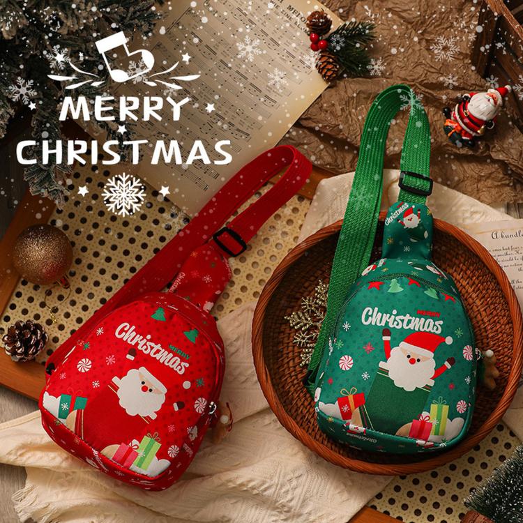 Kids Christmas mini sling bags: green and red crossbody bags with Santa gift prints