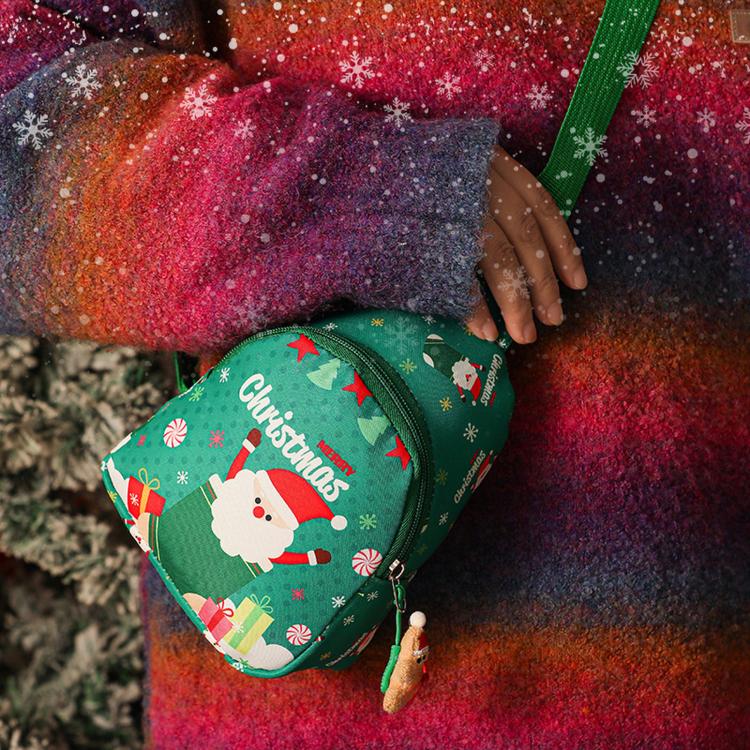 Green kids Christmas mini crossbody bag with zipper, Santa print, dangling plush charm