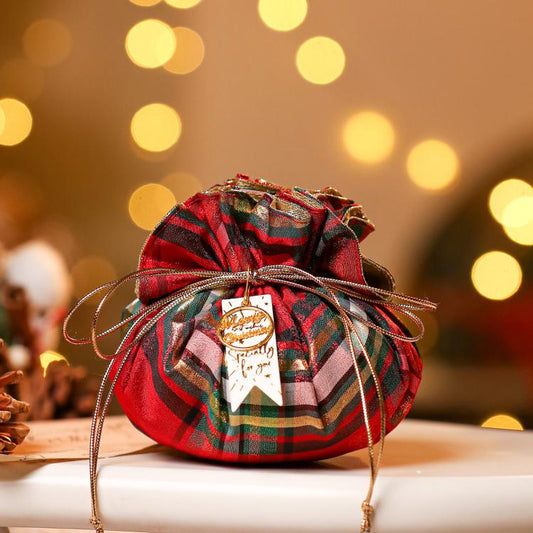 Christmas Plaid Drawstring Gift Pouch Small Holiday Treat Candy Bag Party Favor Pack, Candy Beige Red, Candy Wine Red, Shaomai Wine Red, Shaomai Beige Red