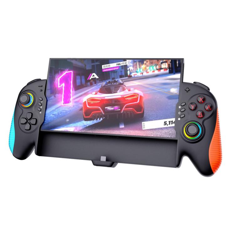 Black plug-and-play controller with neon grips and folding kickstand