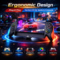 Black controller with orange grip, neon thumbstick rings, and kickstand