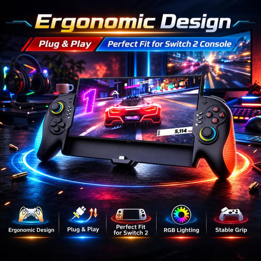 Black controller with orange grip, neon thumbstick rings, and kickstand