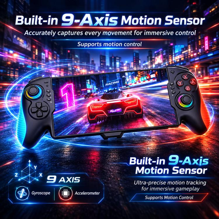 Black controller with neon thumbstick rings and ergonomic grip handles