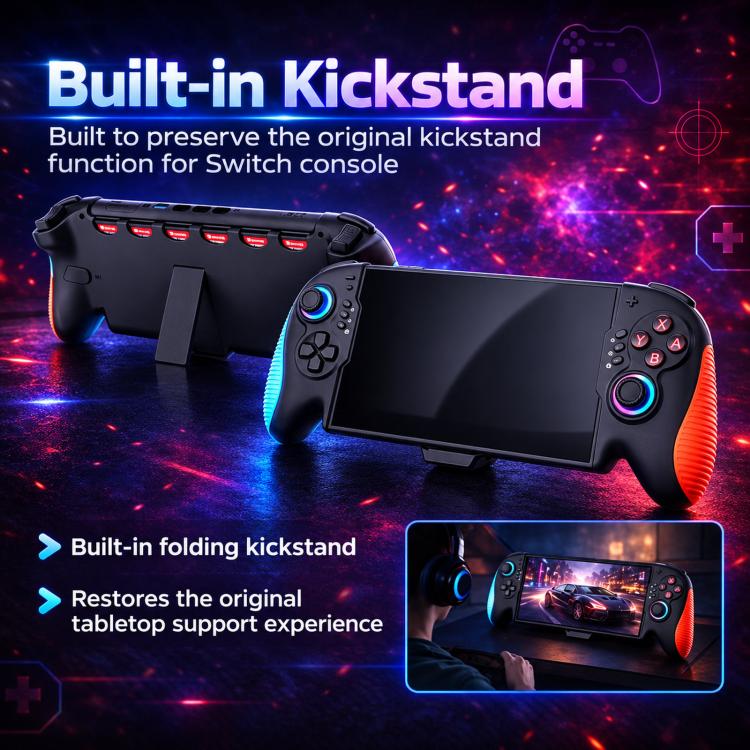 Black controller with built-in folding kickstand and orange textured grip