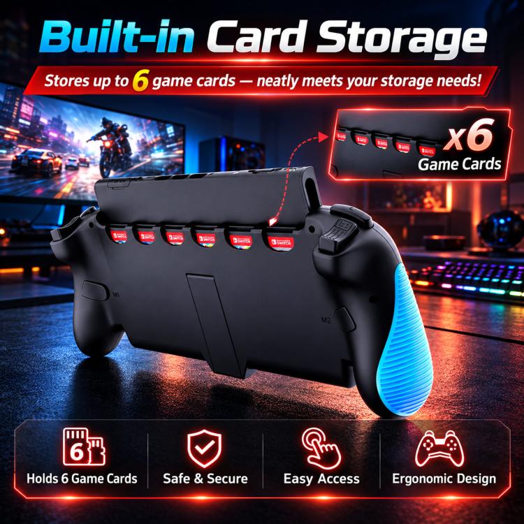 Black controller with built-in card storage tray and orange textured grip