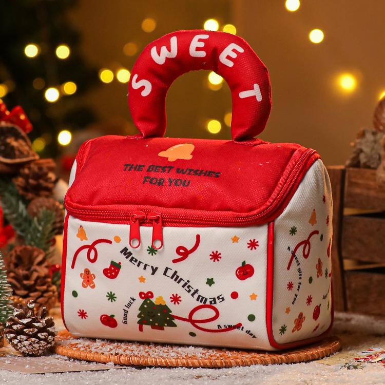 Red zippered Christmas treat tote with plush handle and holiday graphic front