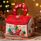 Red zippered Christmas treat tote with plush handle and festive character print