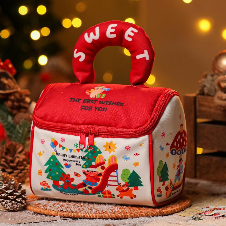 Red zippered Christmas treat tote with plush handle and festive character print