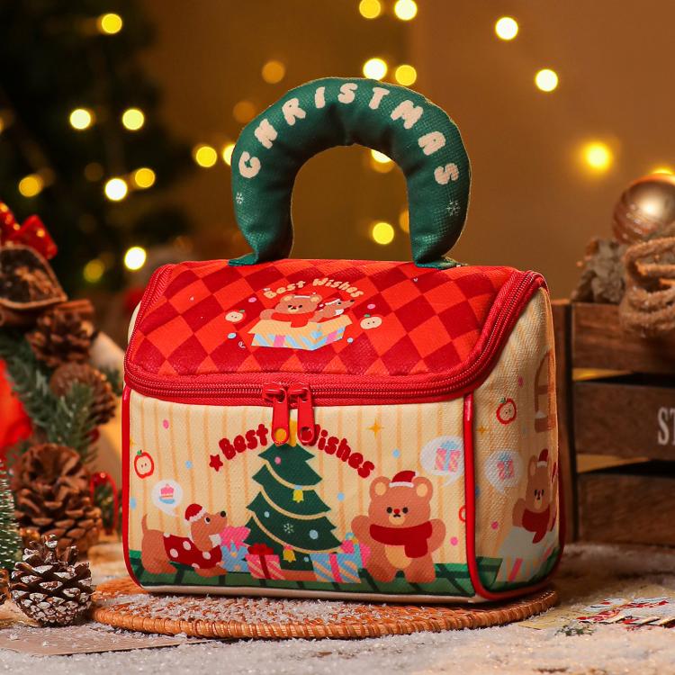 Red zippered Christmas treat tote with plush handle and winter holiday illustration