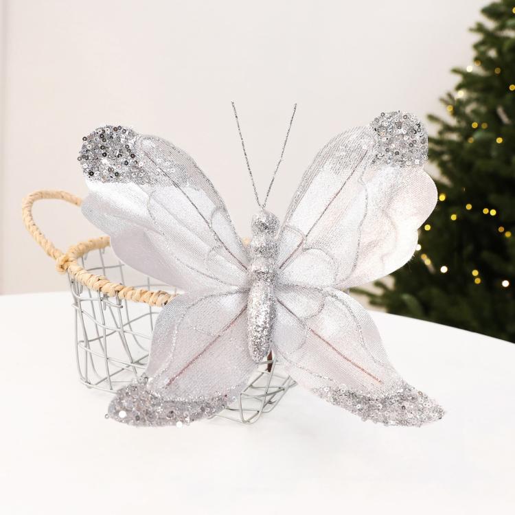 Silver glitter butterfly ornament with sequin wings and hanging loop