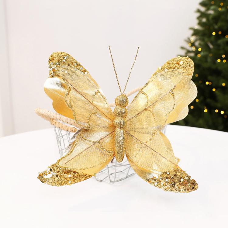 Gold glitter butterfly ornament with sequin wings and hanging loop