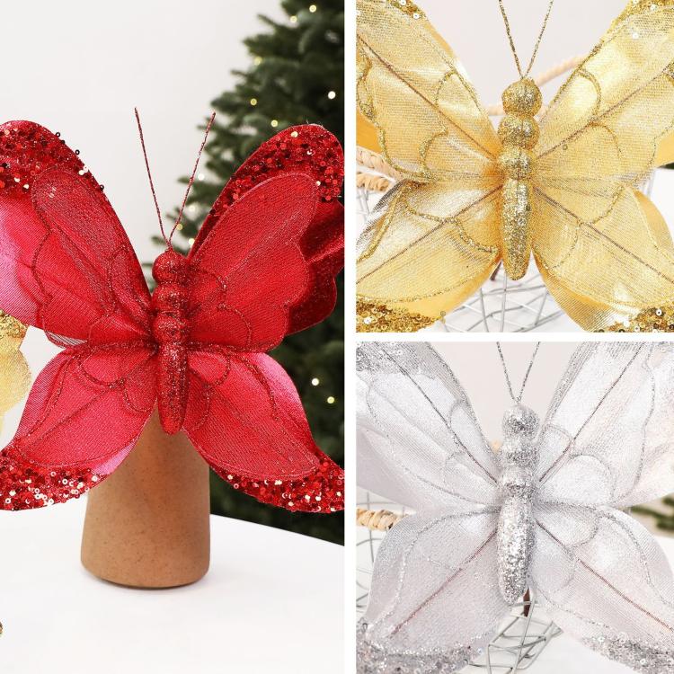 Set of butterfly ornaments with red, gold, and silver glitter sequin wings and loops