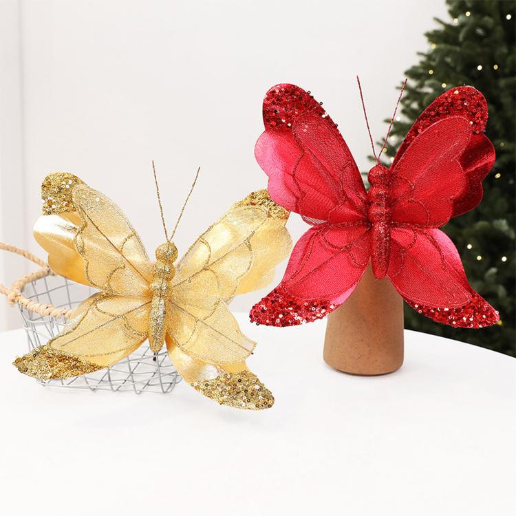 Red and gold glitter butterfly ornaments with sequin wings and hanging loops