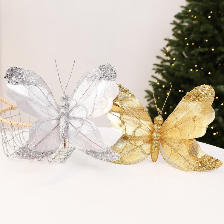 Silver and gold glitter butterfly ornaments with sequin wings and hanging loops