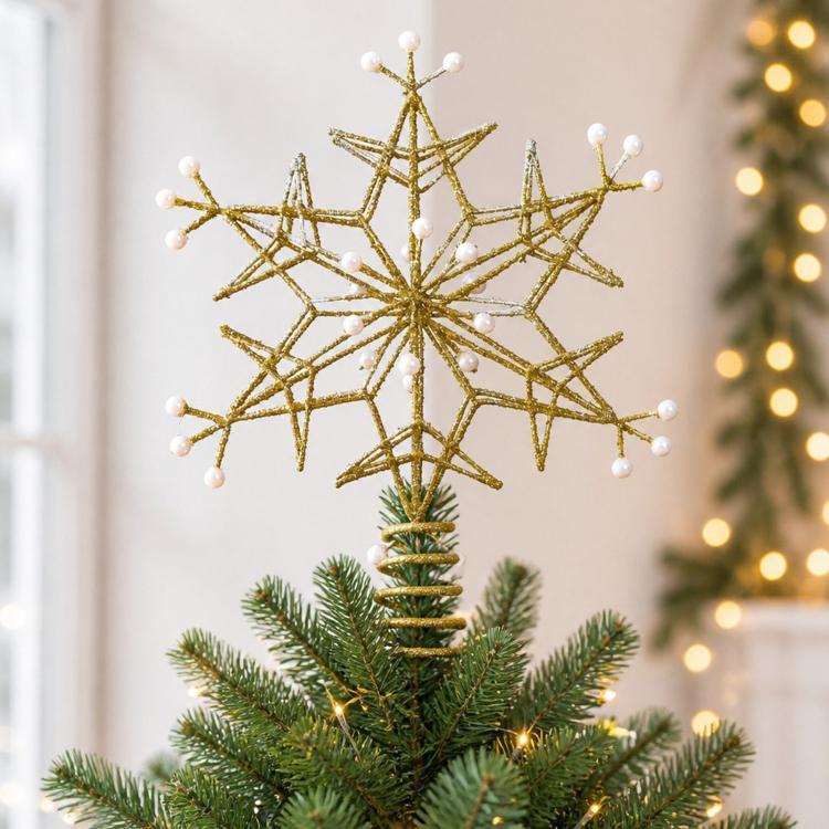 Gold wire snowflake Christmas tree topper with faux pearl bead accents and glitter finish.