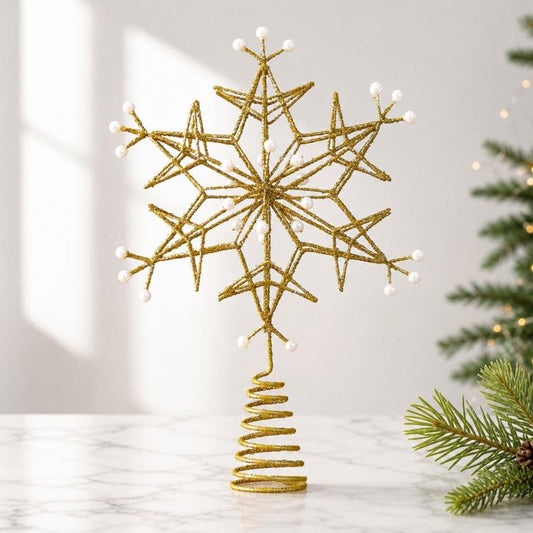 Gold Wire Snowflake Christmas Tree Topper With Faux Pearls Glitter Metal Tree Top Ornament, Gold Wire Snowflake