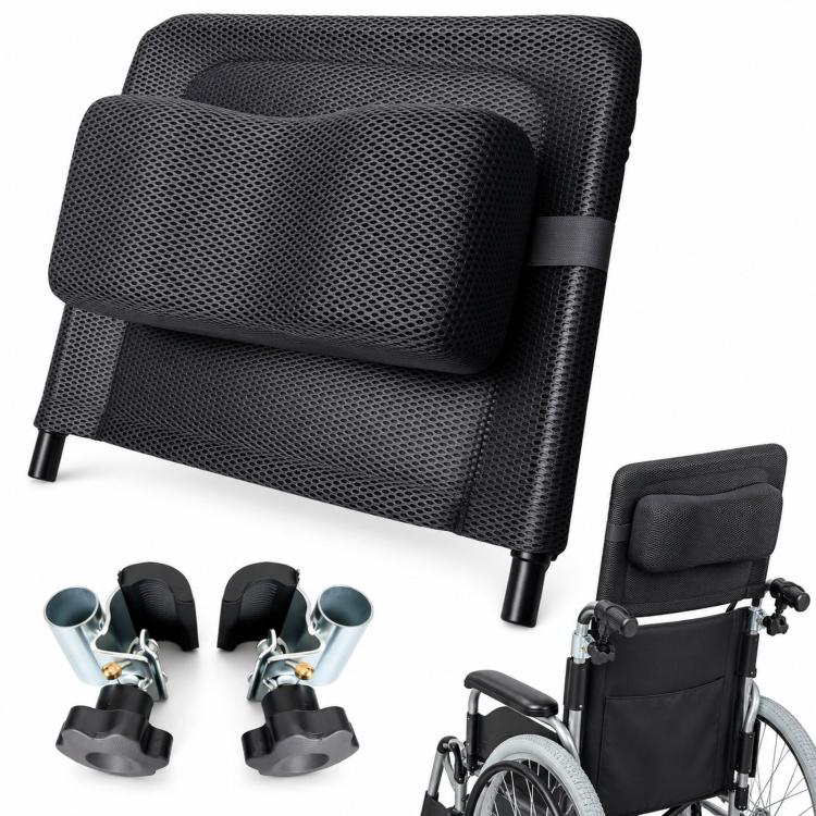 Dark mesh wheelchair headrest attachment with padded support and metal mounting legs
