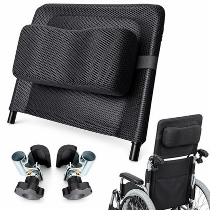 Dark mesh wheelchair headrest attachment with padded support and metal mounting legs
