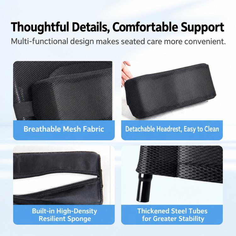 Breathable dark mesh wheelchair headrest with thick steel tubes and cushioned support
