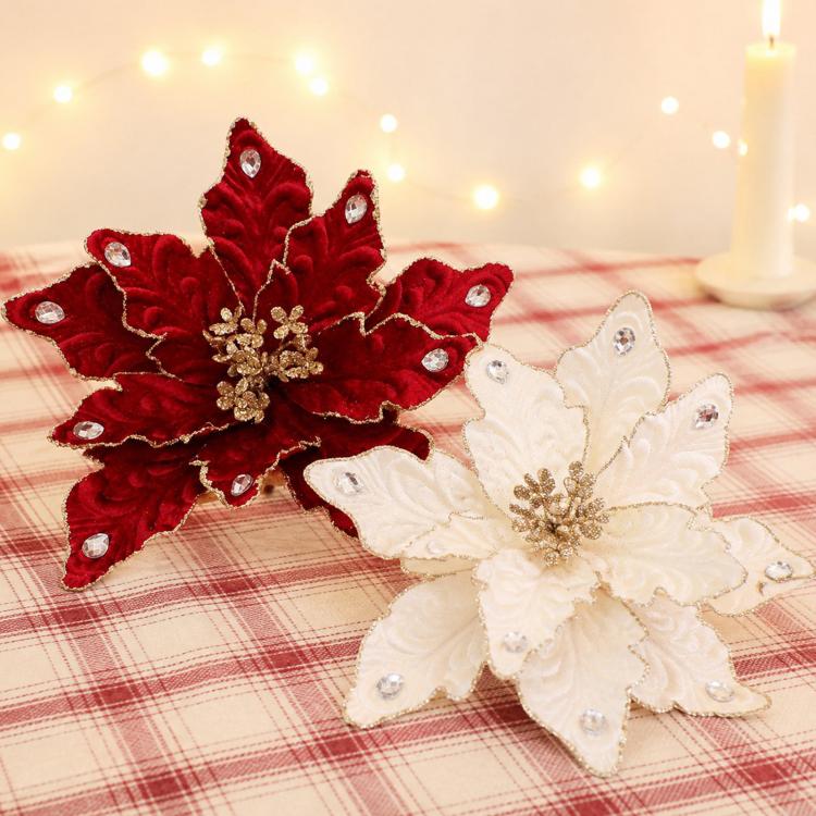 Artificial Flower Christmas Tree Ornament Festive Rhinestone-Embellished Flower Head Decorative Hanging Ornament